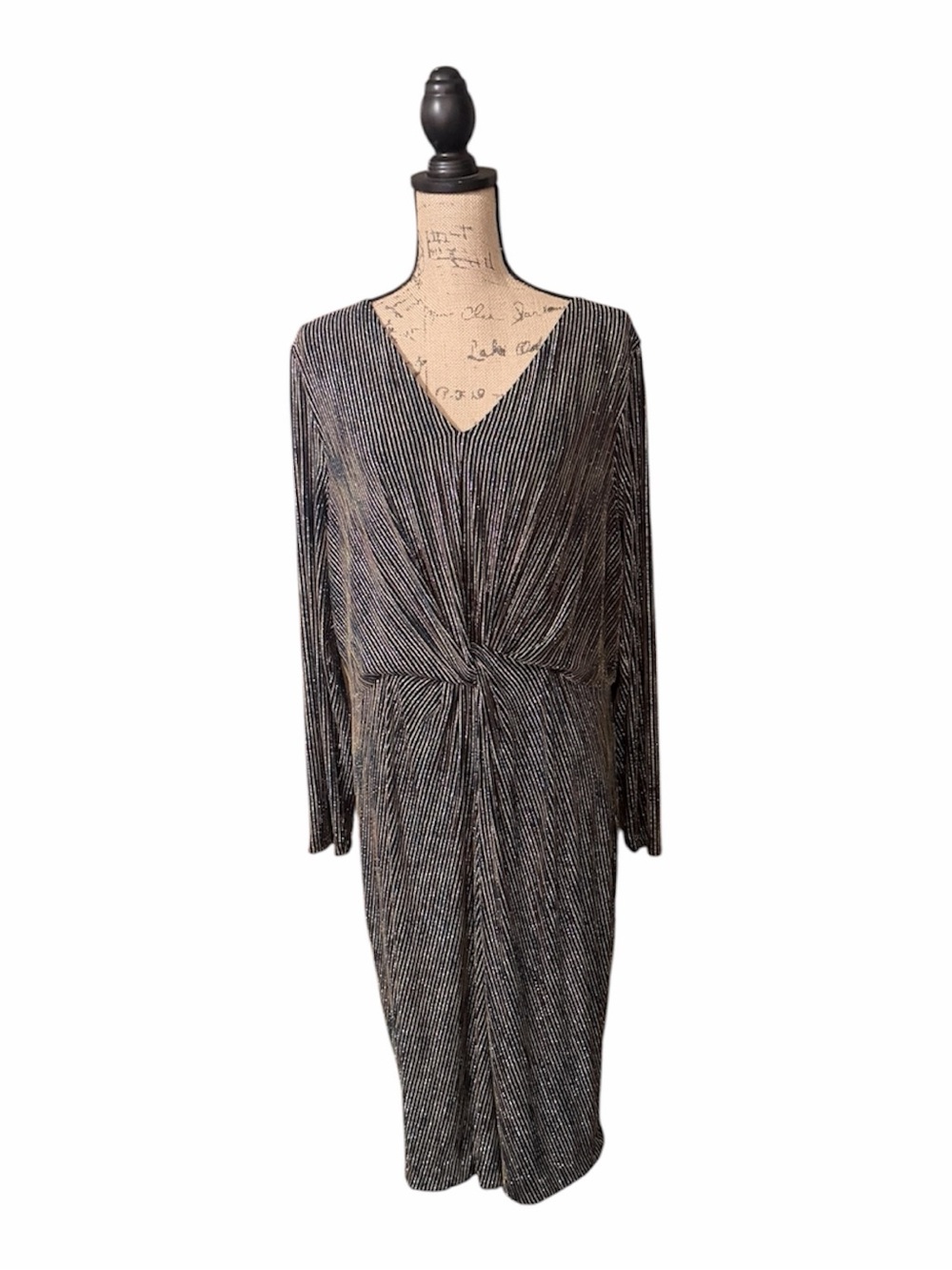 Rachel Metallic Black Long-Sleeve Twist-Front V-Neck Dress